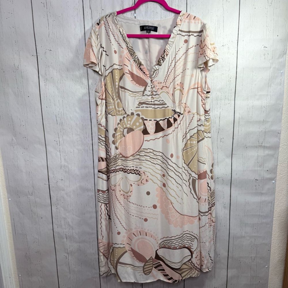 Kasper Woman Abstract Print Midi Dress 20W Rayon Flutter Sleeve Retro Pastel Mod